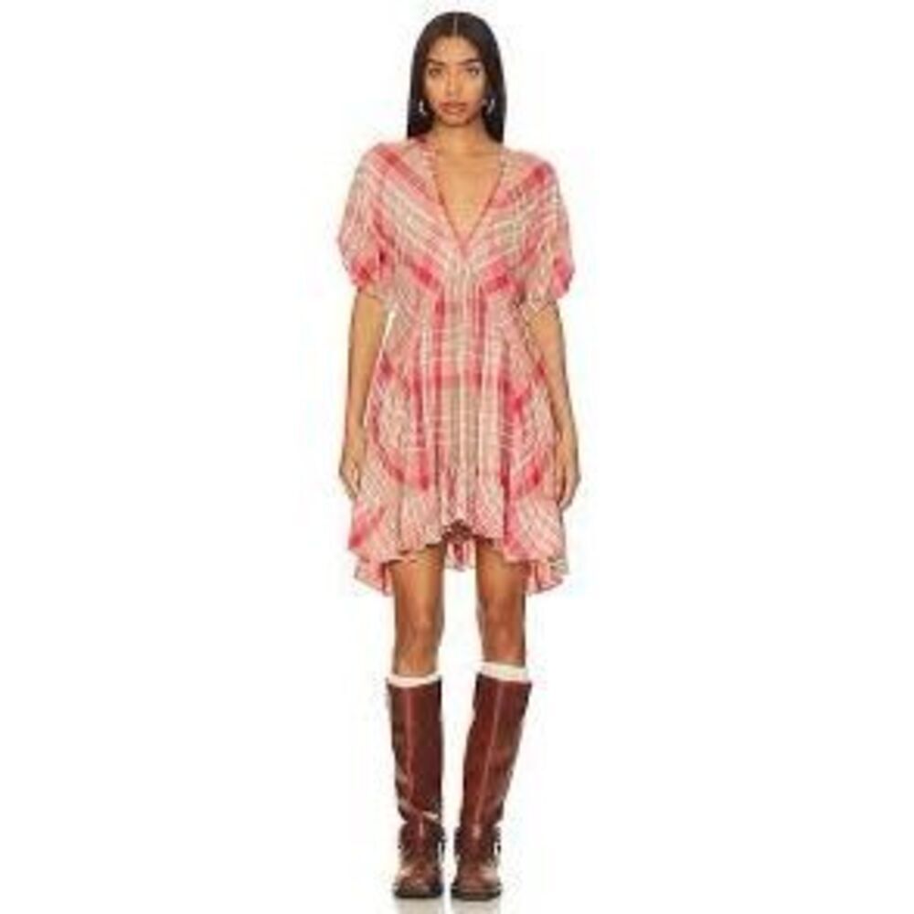 Free People Agnes Plaid Mini Dress XS Boho V Neck Ruffle Hem Oversized